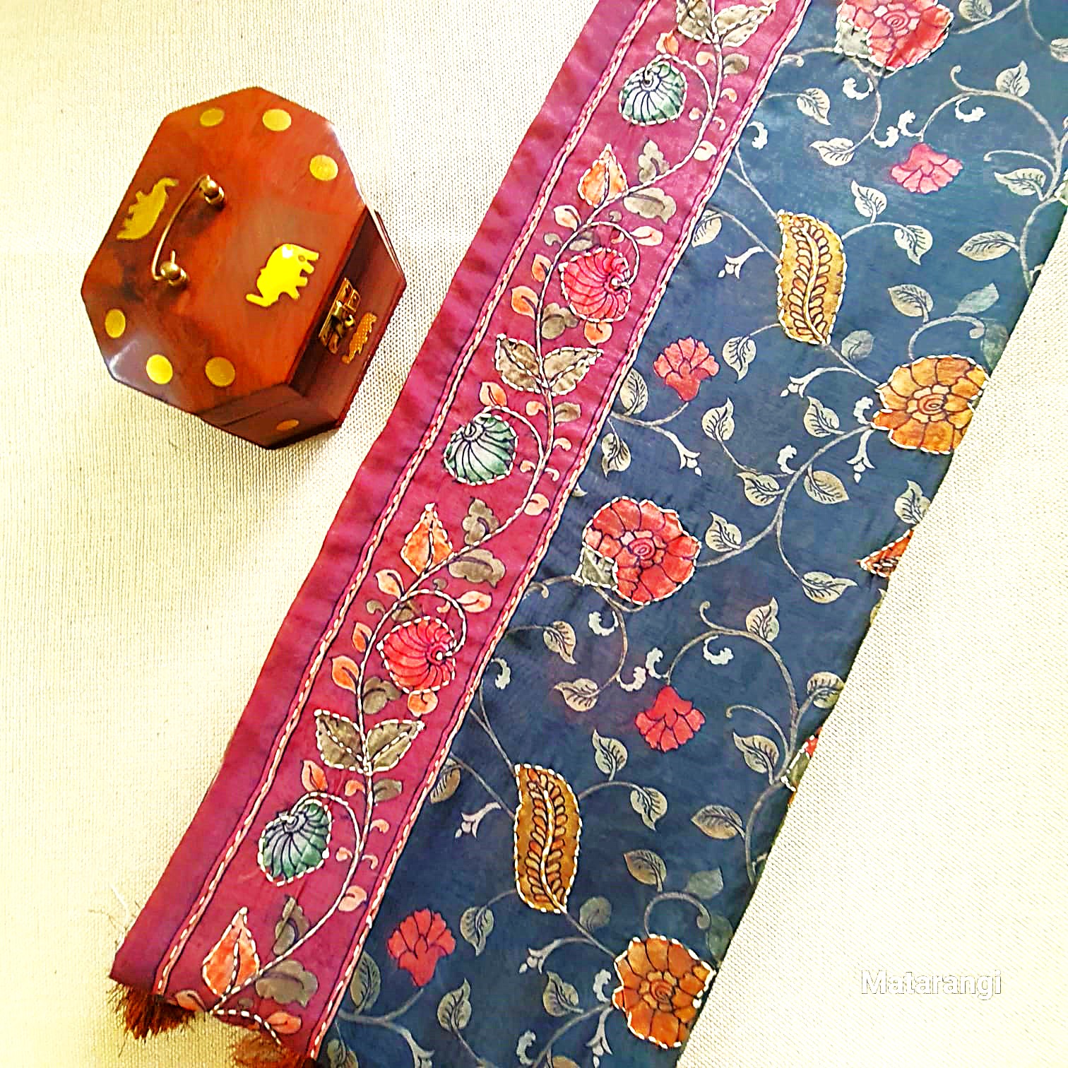 Grey Green Kalamkari Kantha Chanderi Saree Grey Green Kalamkari Kantha Chanderi Saree
