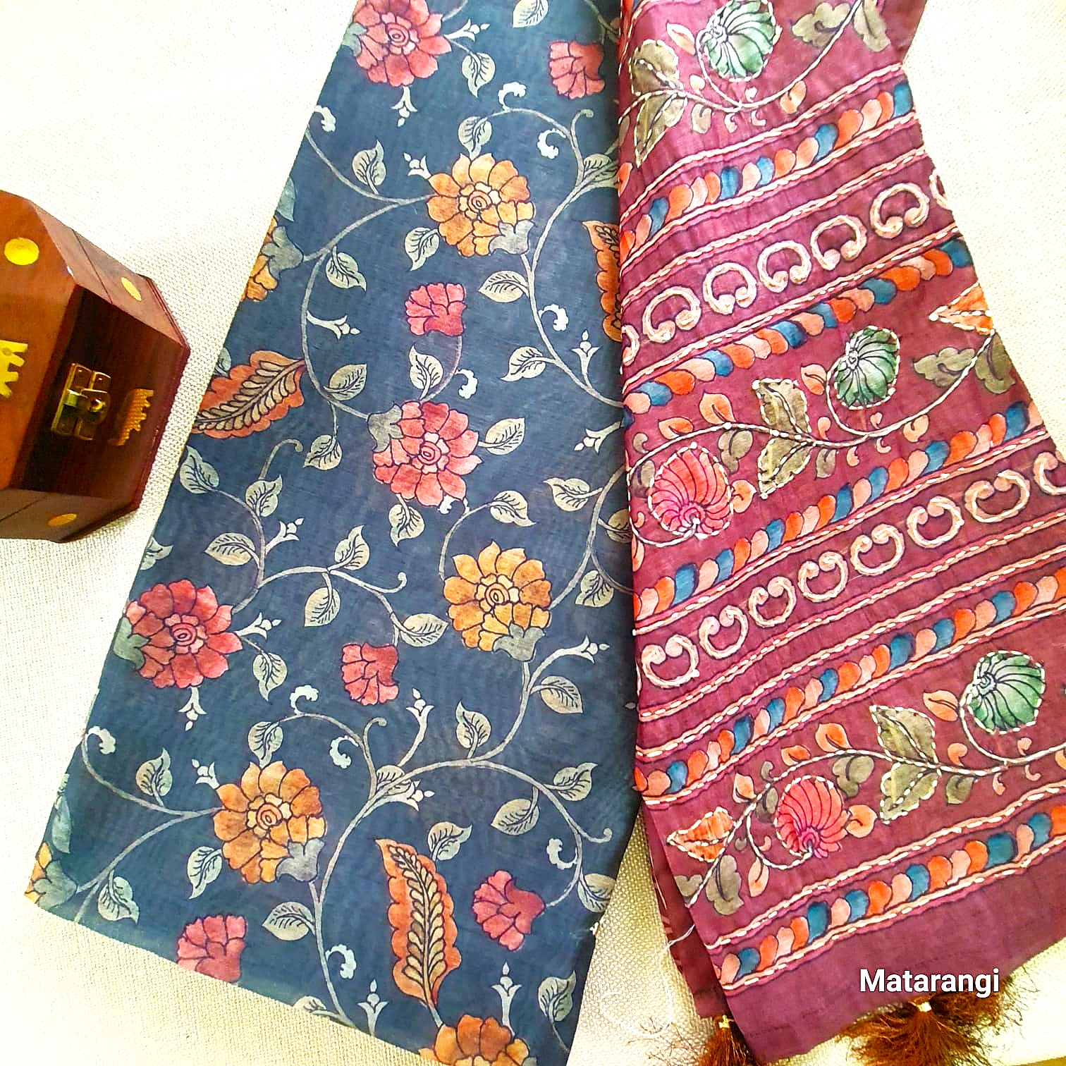 Grey Green Kalamkari Kantha Chanderi Saree Grey Green Kalamkari Kantha Chanderi Saree