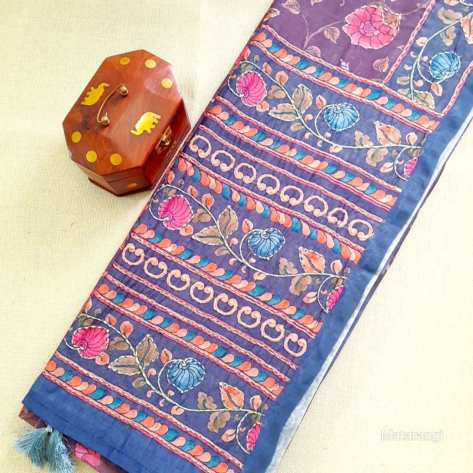 Brown Kalamkari Kantha Chanderi Saree