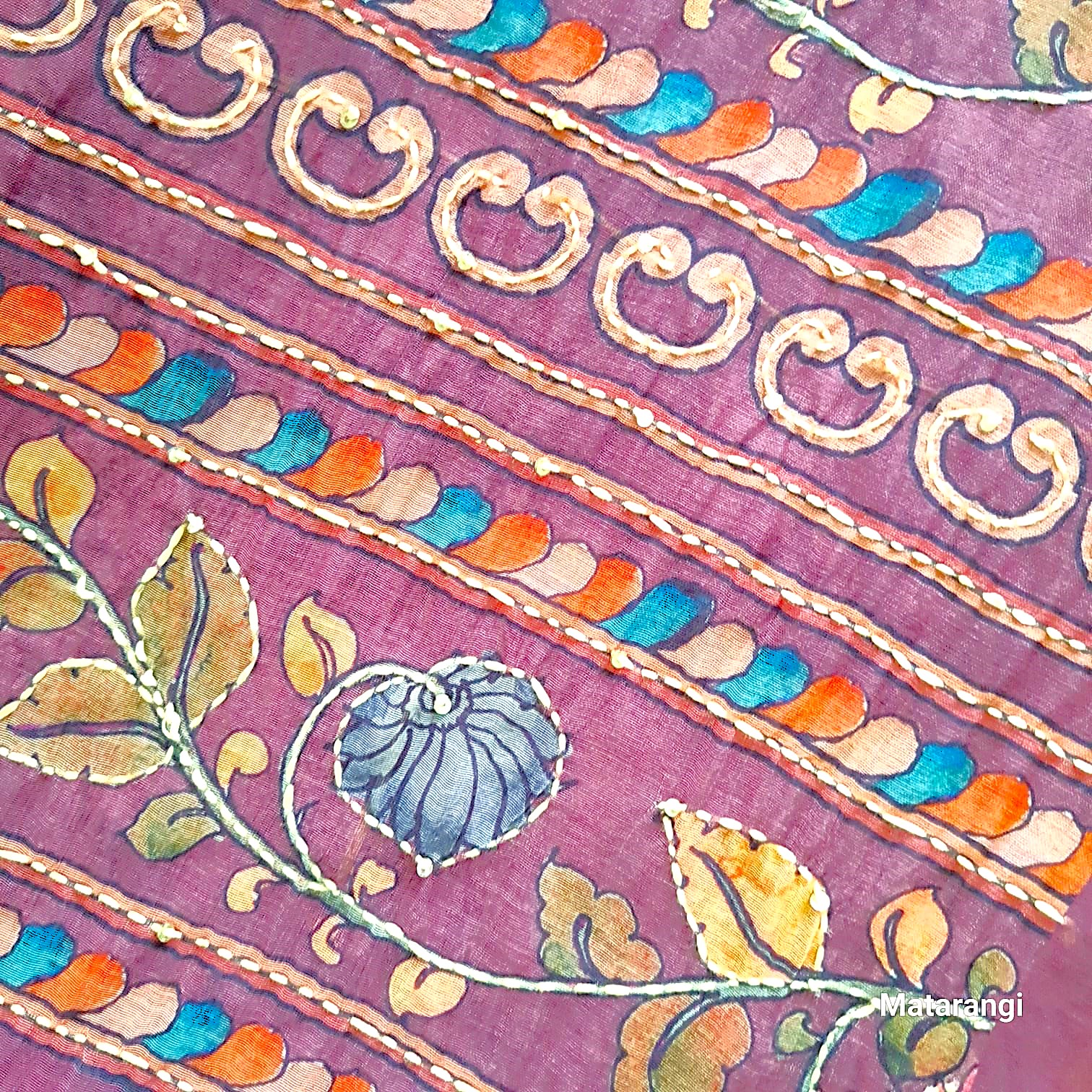 Blue Kalamkari Kantha Chanderi Saree Blue Kalamkari Kantha Chanderi Saree