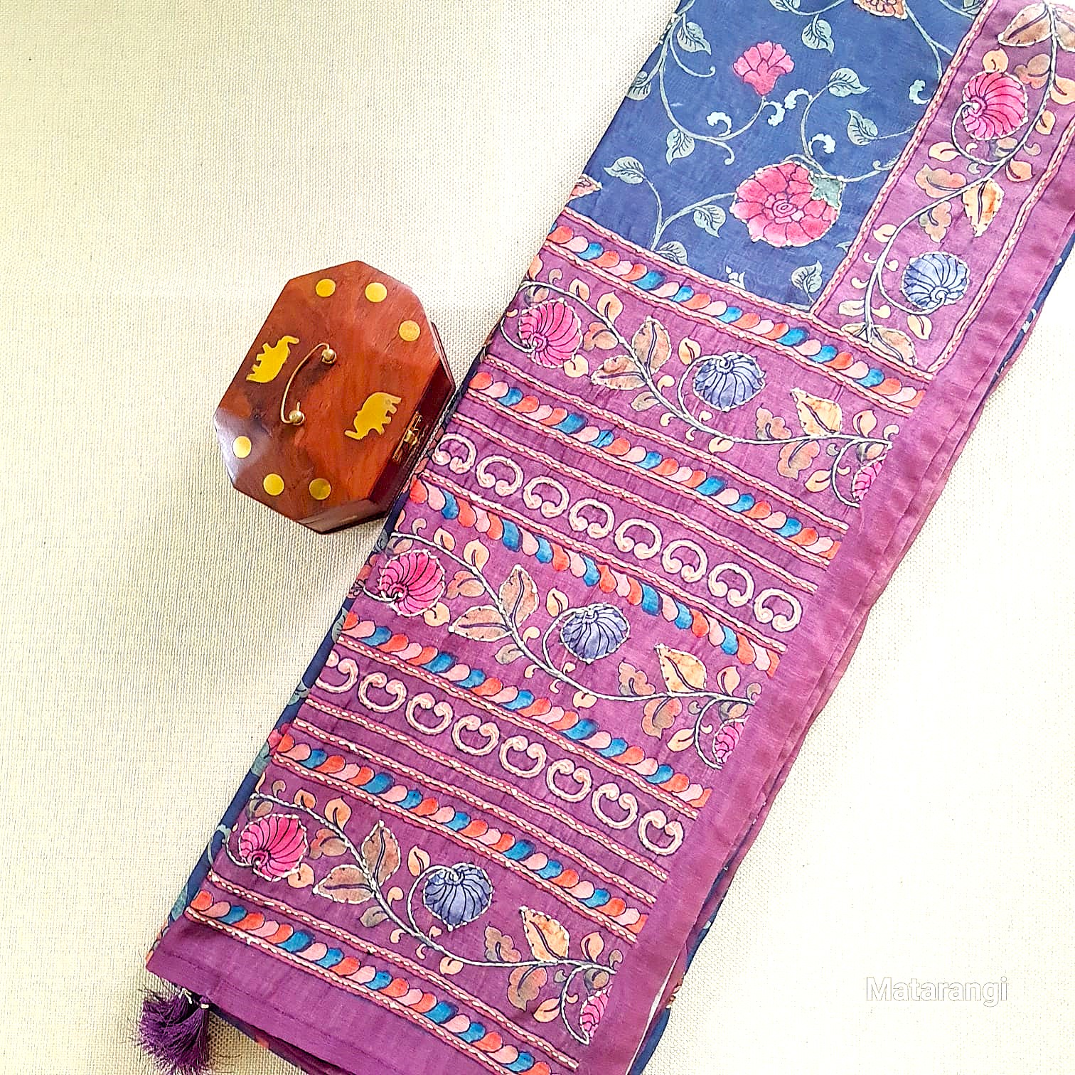 Blue Kalamkari Kantha Chanderi Saree Blue Kalamkari Kantha Chanderi Saree