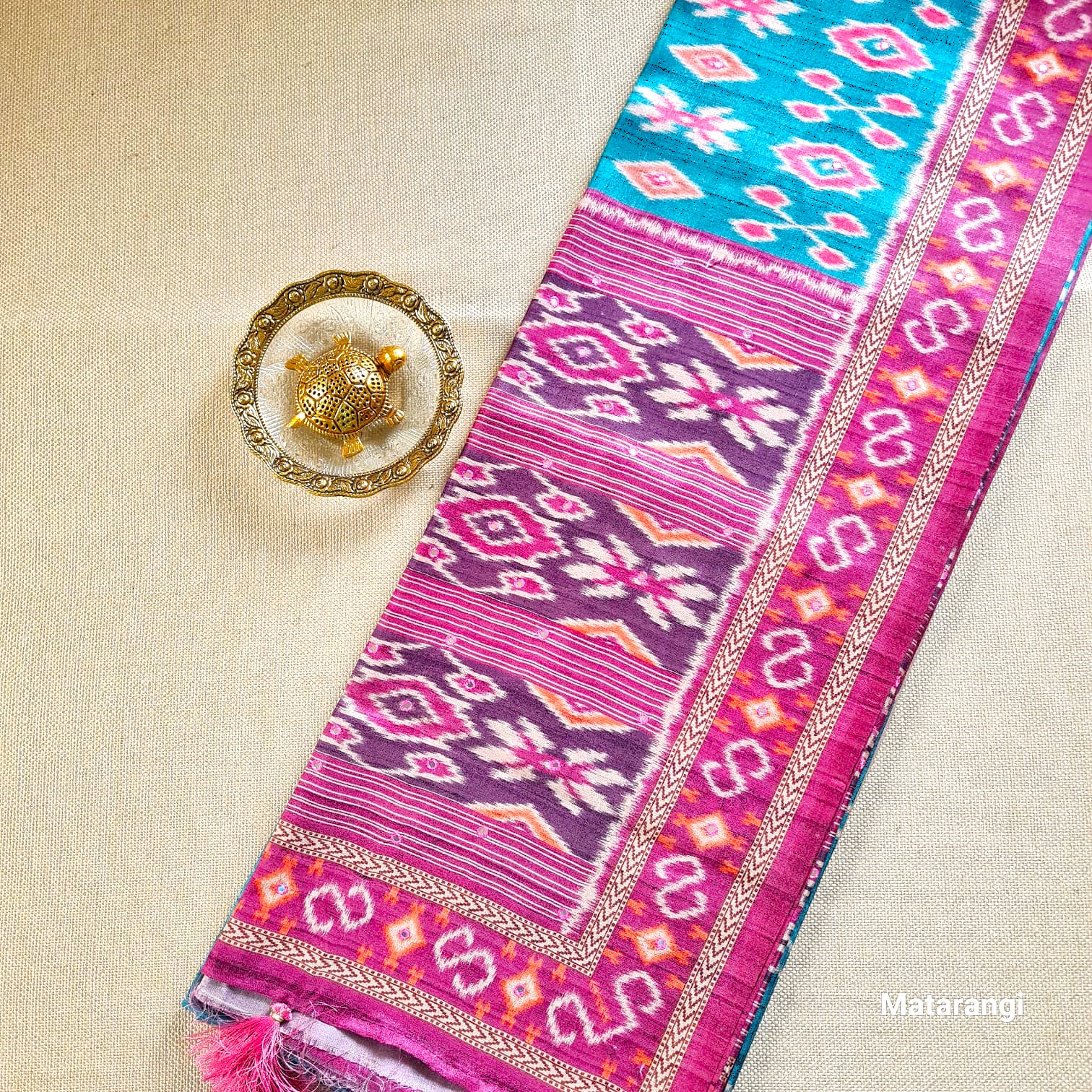 Blue Ikkat Manipuri Aari Work Blended Silk Saree Blue Ikkat Manipuri Aari Work Blended Silk Saree