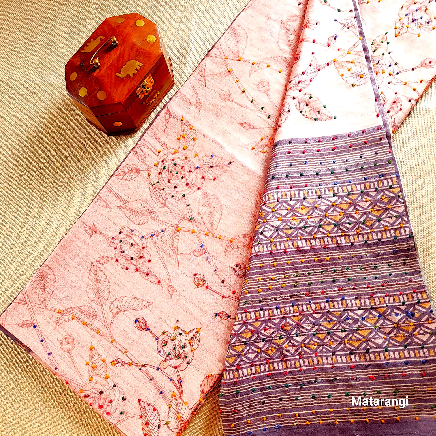 Matarangi Light Peach Blended Tussar French Knot Saree Matarangi Light Peach Blended Tussar French Knot Saree