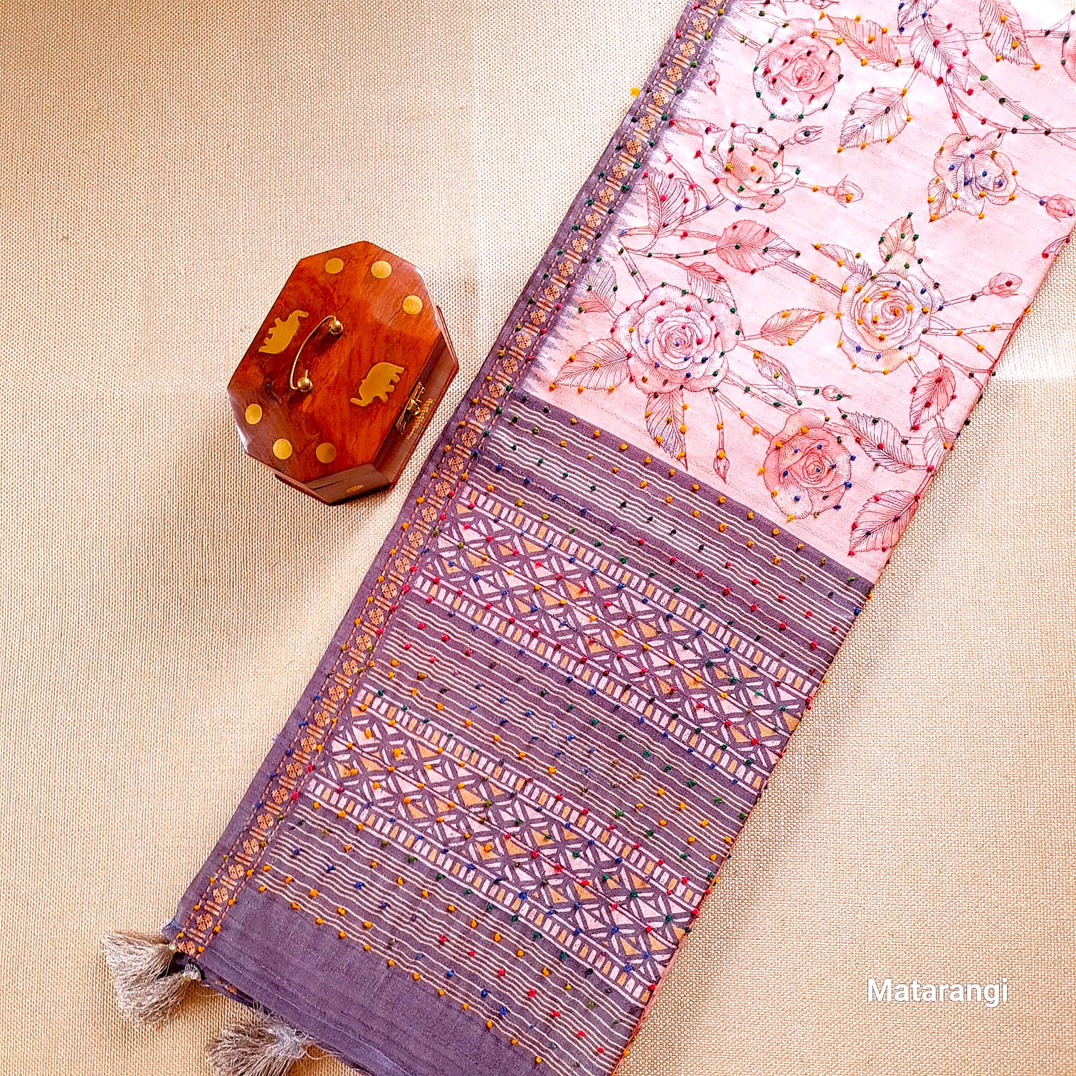Matarangi Light Peach Blended Tussar French Knot Saree Matarangi Light Peach Blended Tussar French Knot Saree