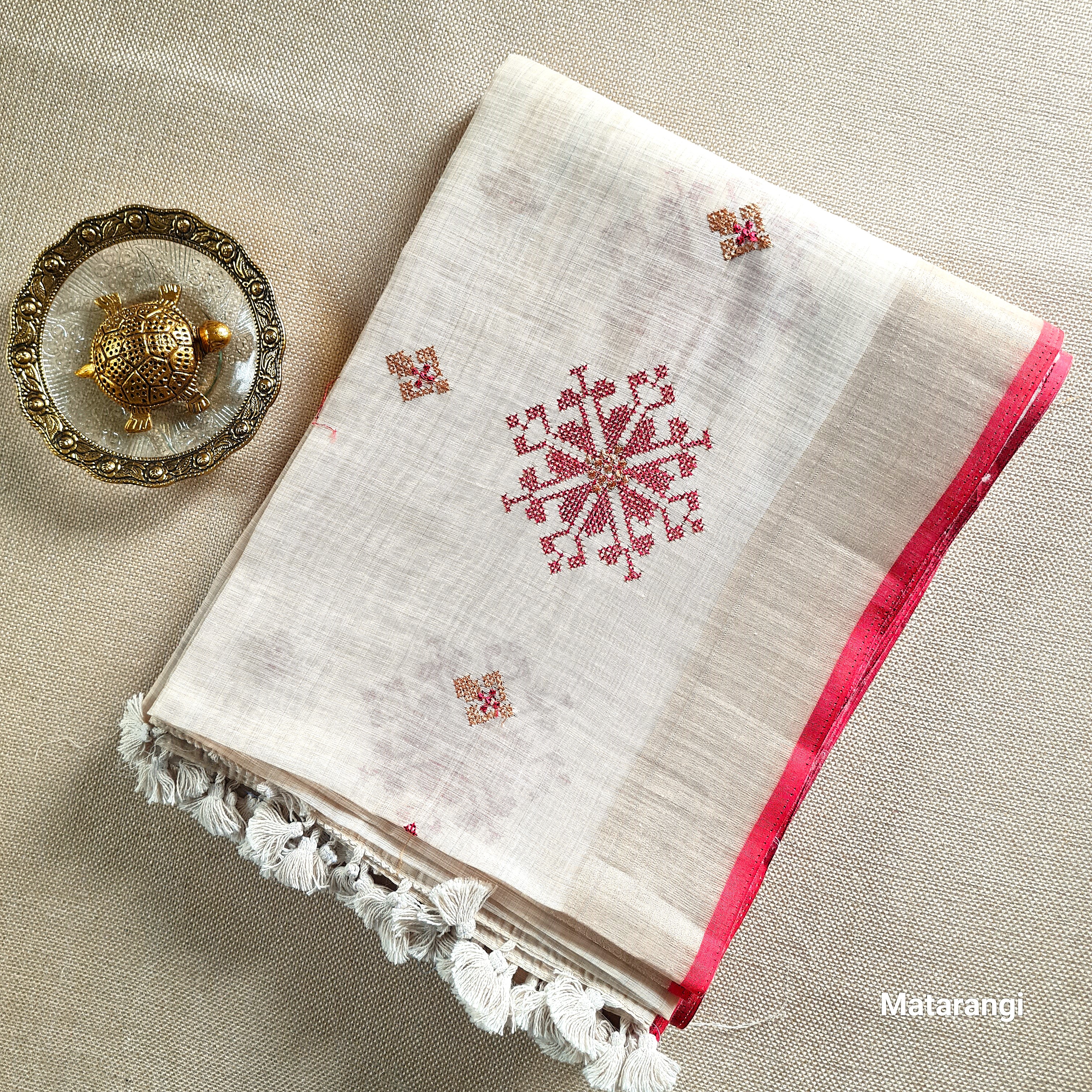 Matarangi Cream & Red Cross Stitch Munga Saree