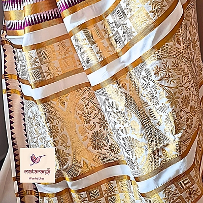 Matarangi Handloom Kerala Set Saree Violet temple Border Matarangi Handloom Kerala Set Saree Violet temple Border