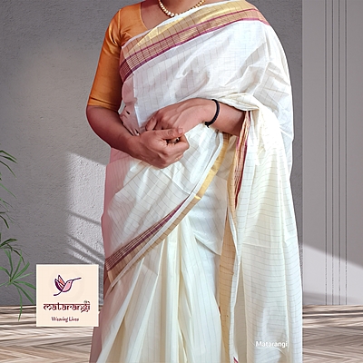 Matarangi Handloom Kerala Set Saree Striped Maroon Matarangi Handloom Kerala Set Saree Striped Maroon