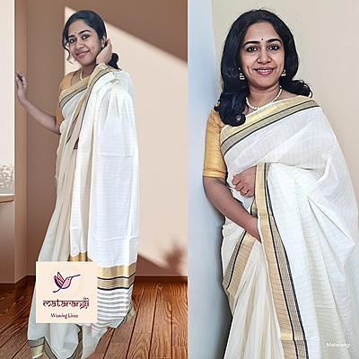 Matarangi Handloom Kerala Set Saree Striped Black Matarangi Handloom Kerala Set Saree Striped Black