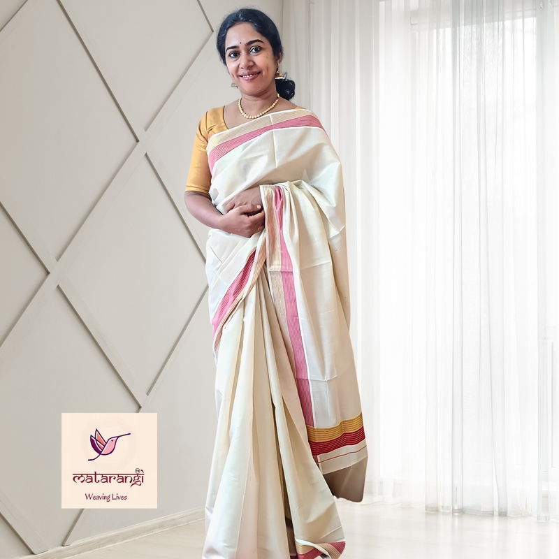 Matarangi Striped Border Handloom Tissue Kerala Set Saree Matarangi Striped Border Handloom Tissue Kerala Set Saree