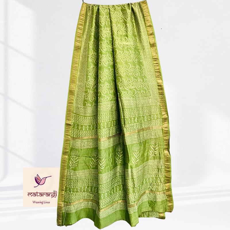 Matarangi Rani Pink Hand Block Printed Premium  Maheshwari Silk Saree