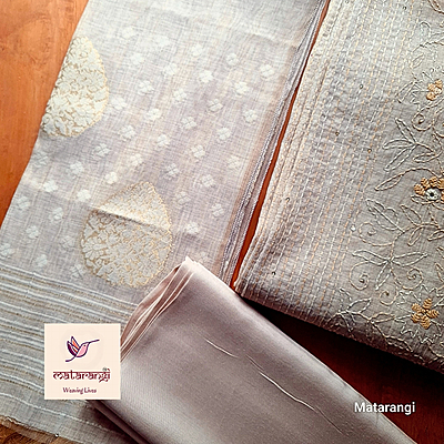 Matarangi Beige Khadi Silk Cotton Jamdani with Kantha stitch Salwar Material Matarangi Beige Khadi Silk Cotton Jamdani with Kantha stitch Salwar Material