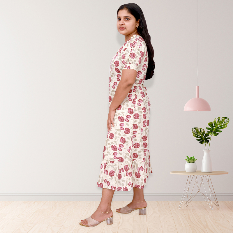 Riya premium reyon printed frock top - white with pink floral print