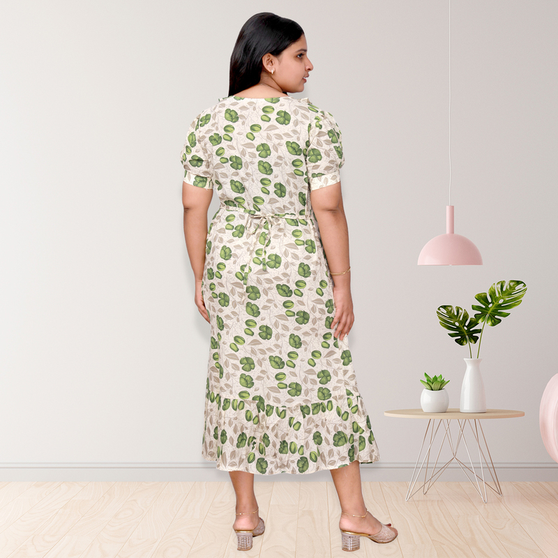 Riya premium reyon printed frock top - white with green floral print