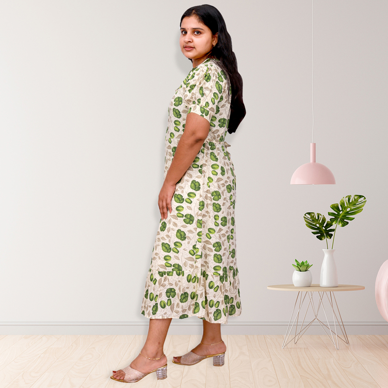 Riya premium reyon printed frock top - white with green floral print