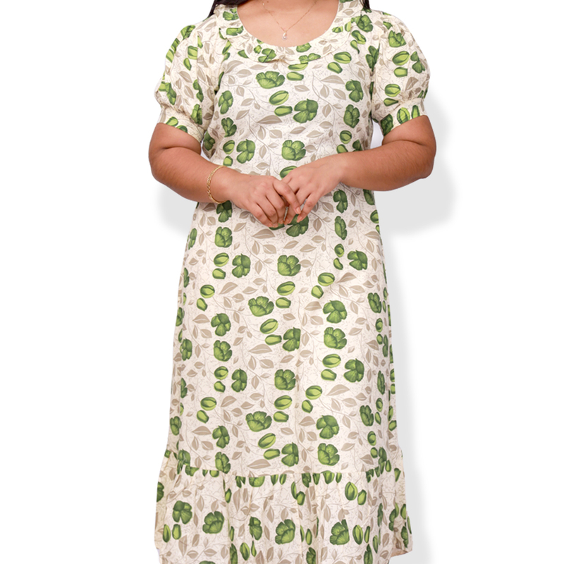 Riya premium reyon printed frock top - white with green floral print
