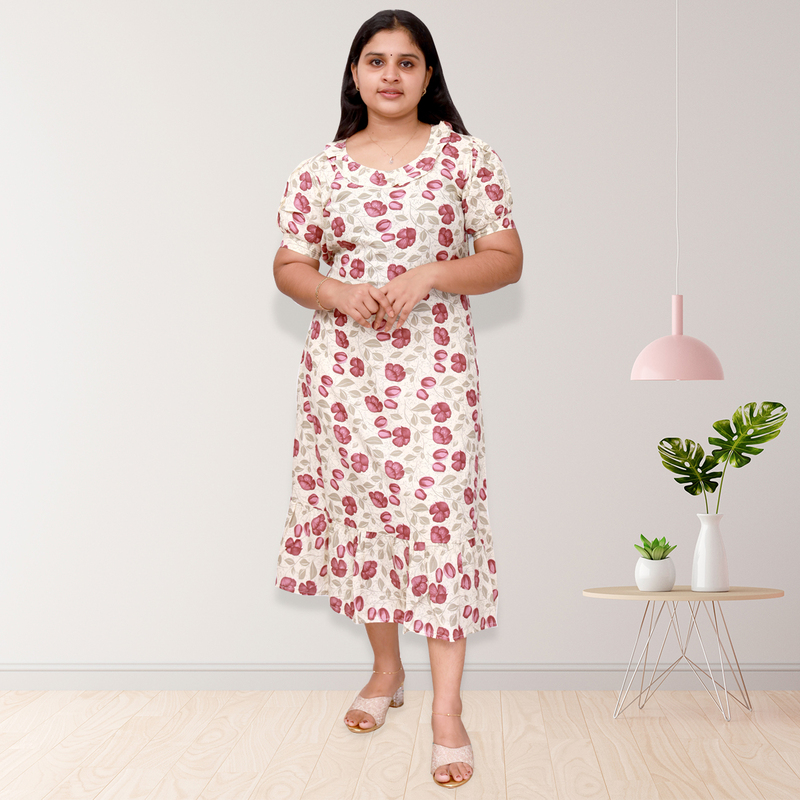 Riya premium reyon printed frock top - white with pink floral print