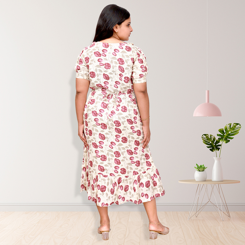 Riya premium reyon printed frock top - white with pink floral print