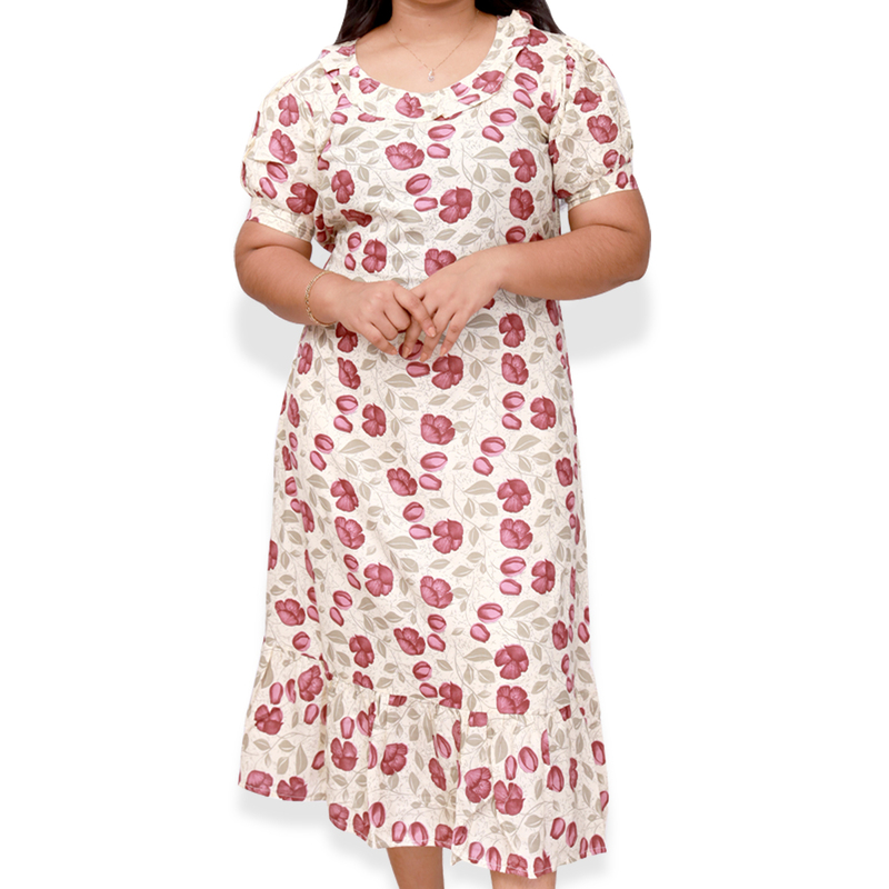 Riya premium reyon printed frock top - white with pink floral print