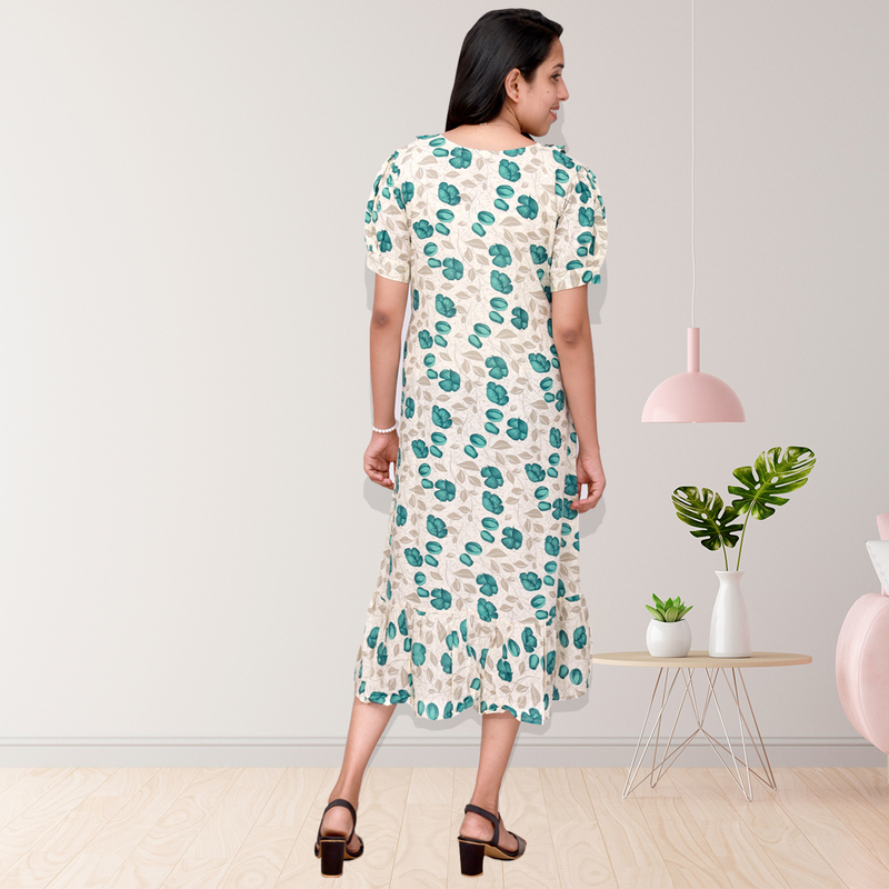 Riya premium reyon printed frock top - white with teal floral print