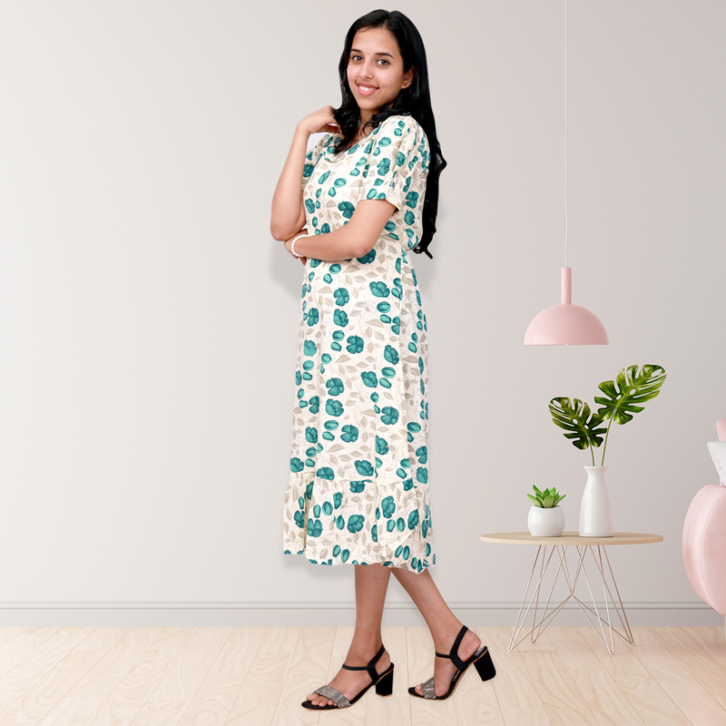 Riya premium reyon printed frock top - white with teal floral print