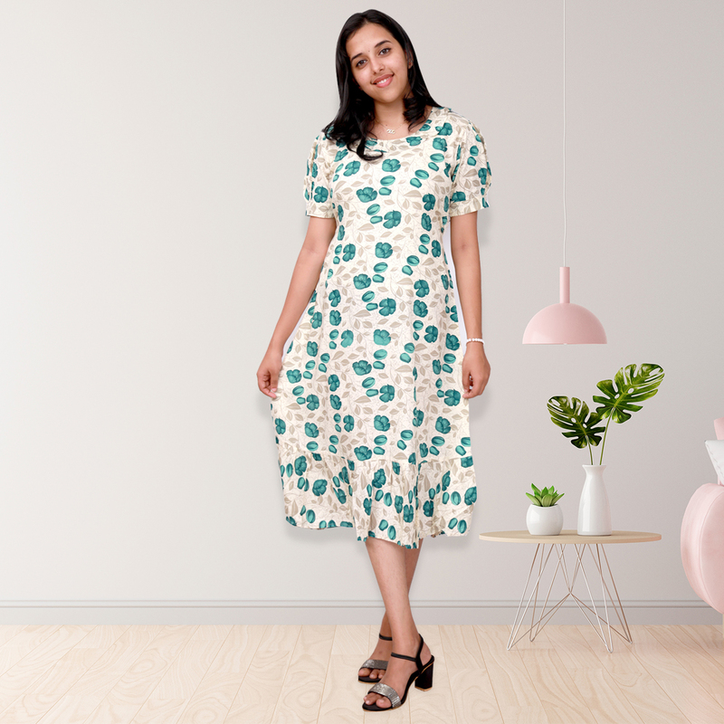 Riya premium reyon printed frock top - white with teal floral print