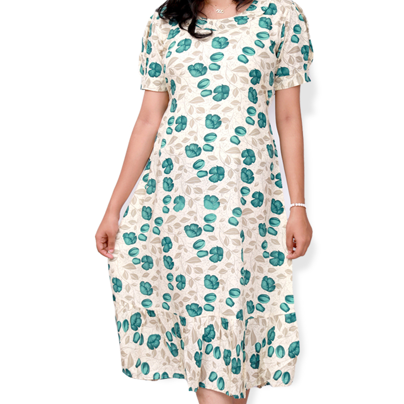 Riya premium reyon printed frock top - white with teal floral print