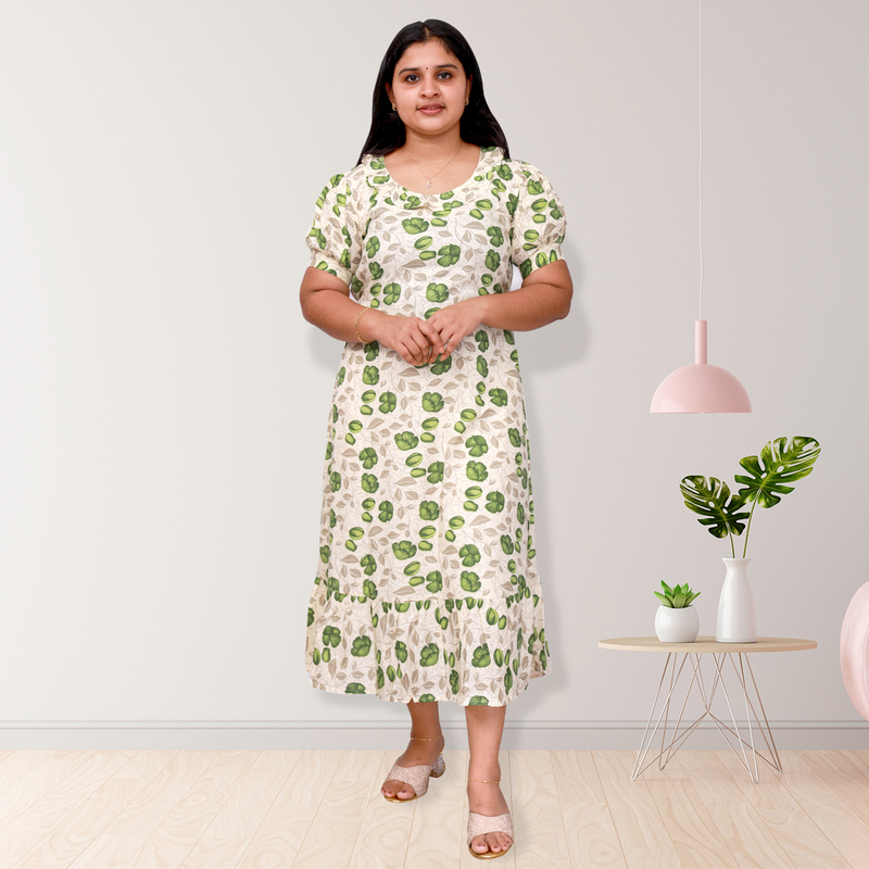 Riya premium reyon printed frock top - white with green floral print
