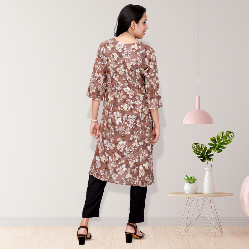 Princess feeling foil printed side slit Brown Floral Top