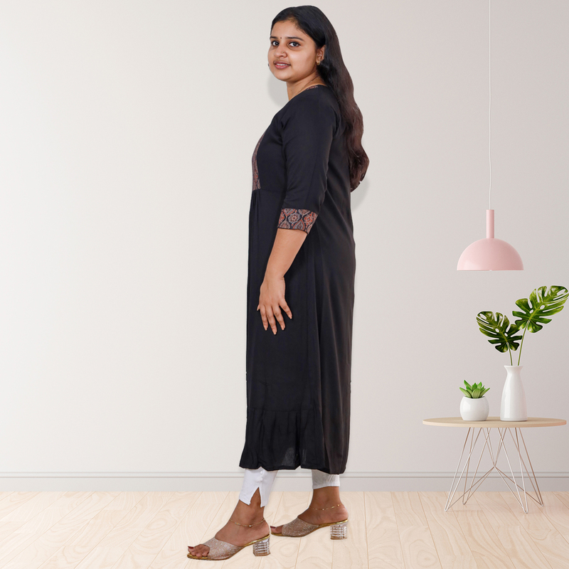 Anjali wringle reyon with ajrakh cotton black with small floral patch top
