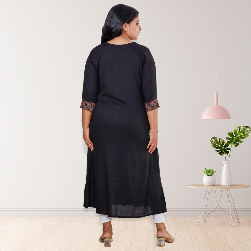 Anjali wringle reyon with ajrakh cotton black with small floral patch top