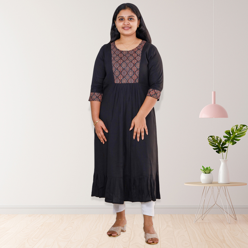 Anjali wringle reyon with ajrakh cotton black with small floral patch top