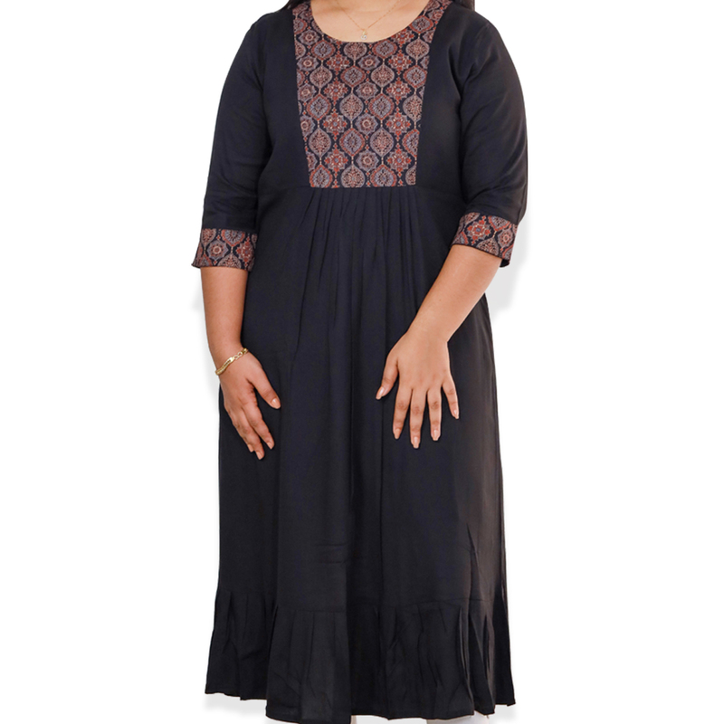 Anjali wringle reyon with ajrakh cotton black with small floral patch top