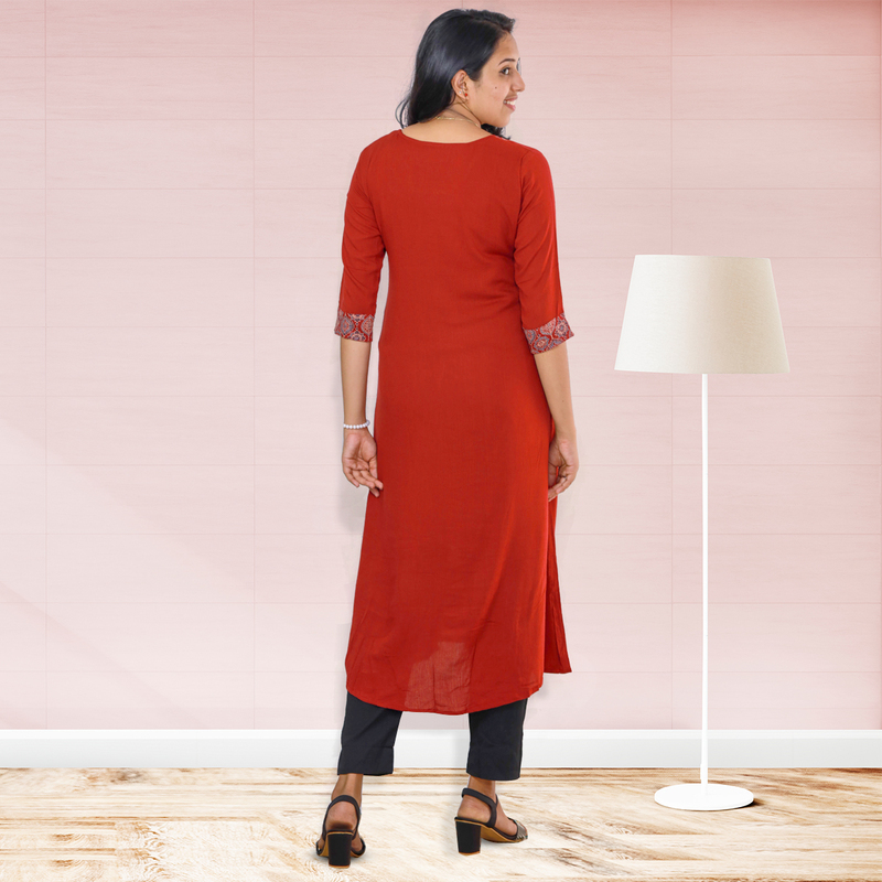 Anjali wrinkled rayon top with ajrakh cotton floral patch - red