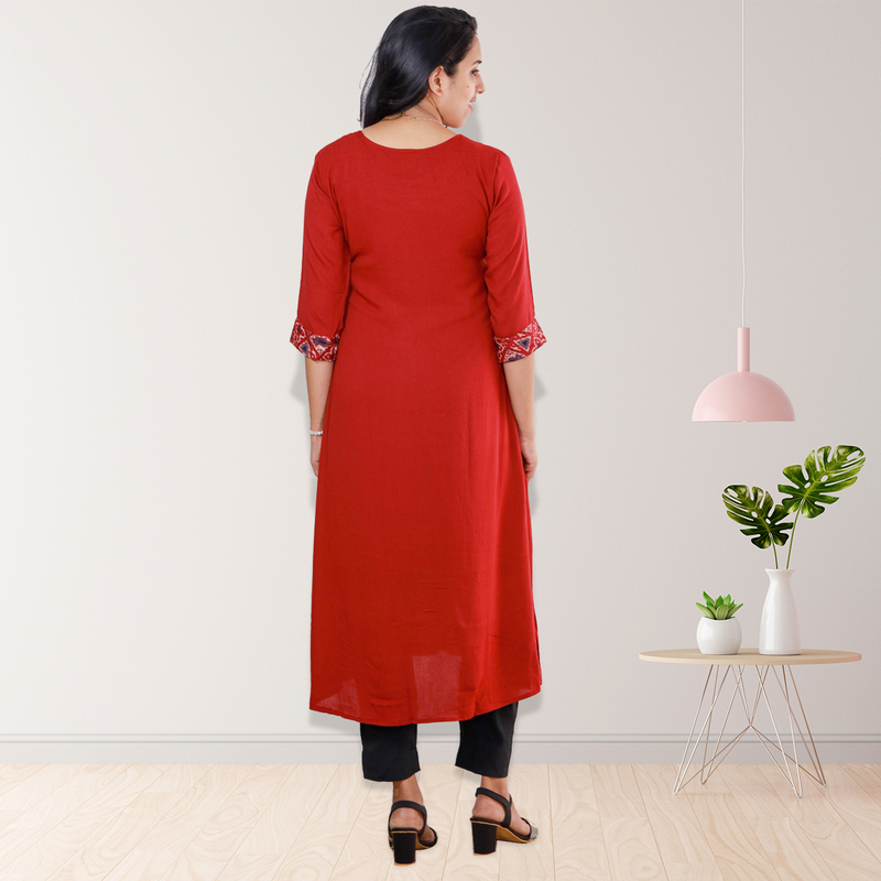 Anjali wringle reyon with ajrakh cotton red with geometric patch Top