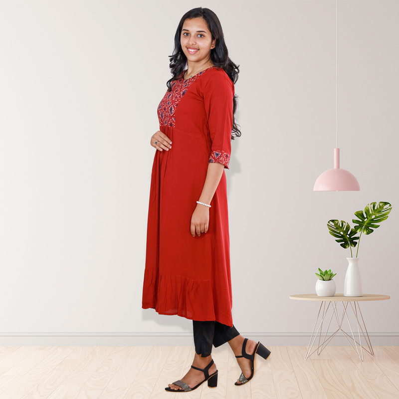 Anjali wringle reyon with ajrakh cotton red with geometric patch Top