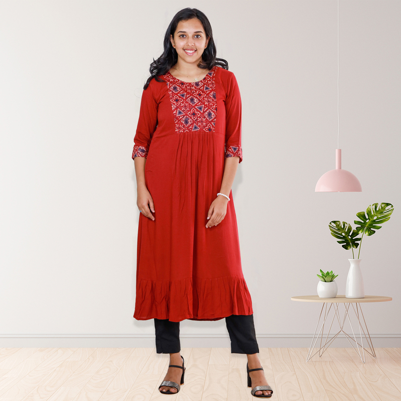 Anjali wringle reyon with ajrakh cotton red with geometric patch Top