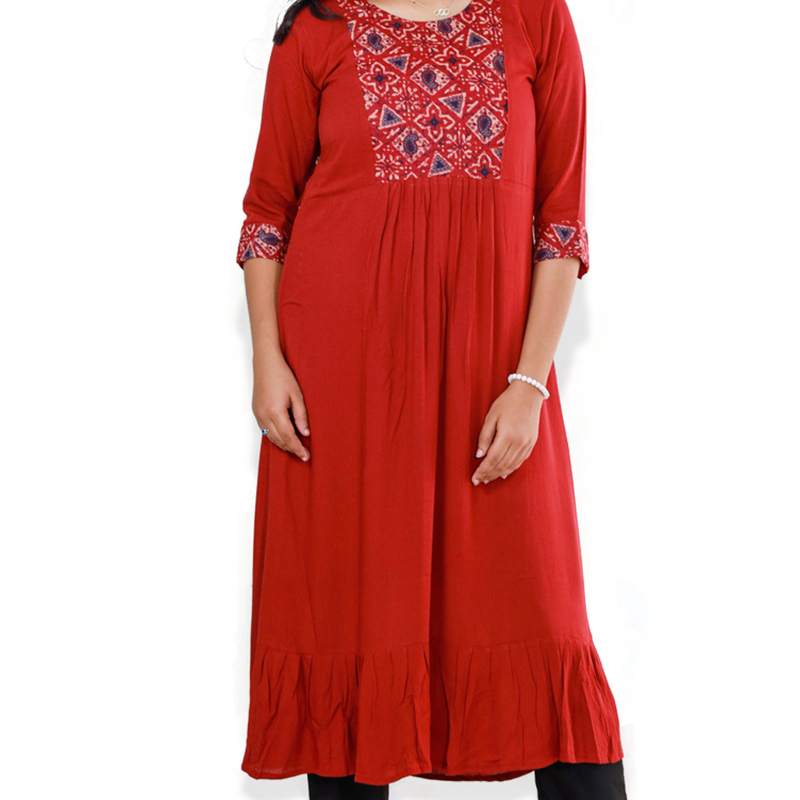 Anjali wringle reyon with ajrakh cotton red with geometric patch Top
