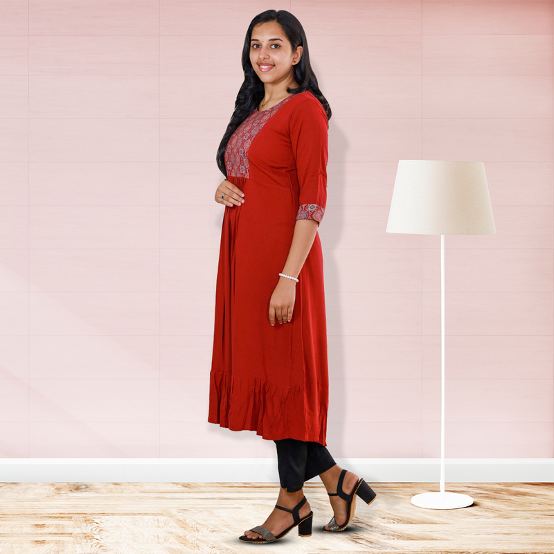 Anjali wrinkled rayon top with ajrakh cotton floral patch - red