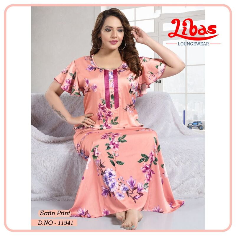 Peach Premium Satin Nighty With Floral Print & Puff Sleeves Pattern From Libas Loungewear - ST080 Peach Premium Satin Nighty With Floral Print & Puff Sleeves Pattern From Libas Loungewear - ST080