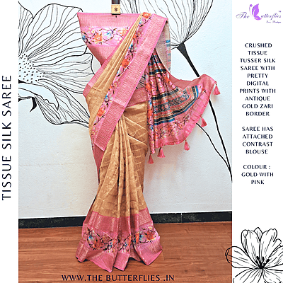 CRUSHED TISSUE TUSSER SILK SAREE DCMSTES2389