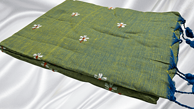 Khadi Cotton Embroidery Saree - Blue Yellow