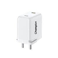 Champion 25W PD Wall Charger/Adapter with Dual Output (USB + Type C) Supports PPS/Warp/Dash/SuperVooc Charging Via USB Port & PD Charge Via Type-C for iPhone & Android Devices (White) Champion 25W PD Wall Charger/Adapter with Dual Output (USB + Type C) Supports PPS/Warp/Dash/SuperVooc Charging Via USB Port & PD Charge Via Type-C for iPhone & Android Devices (White)