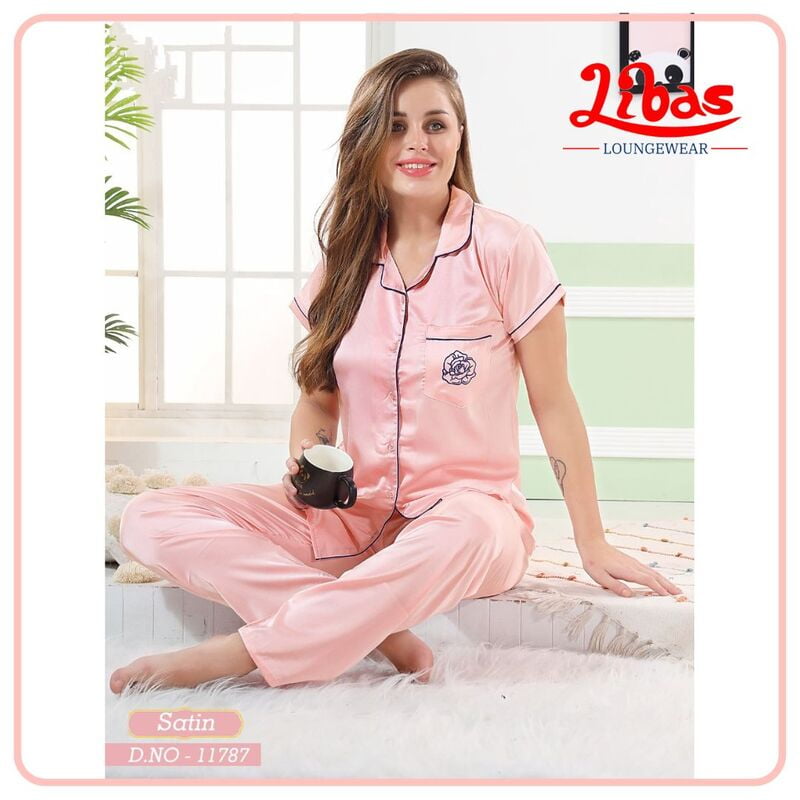 Plain Baby Pink Armani Satin Women Night Suit With Collar Style From Libas Loungewear - FPS128 Plain Baby Pink Armani Satin Women Night Suit With Collar Style From Libas Loungewear - FPS128