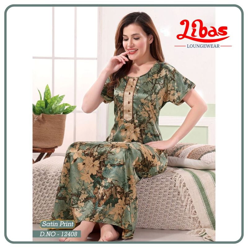 Feldgrau Premium Satin Nighty With Floral Print All Over From Libas Loungewear - ST093 Feldgrau Premium Satin Nighty With Floral Print All Over From Libas Loungewear - ST093