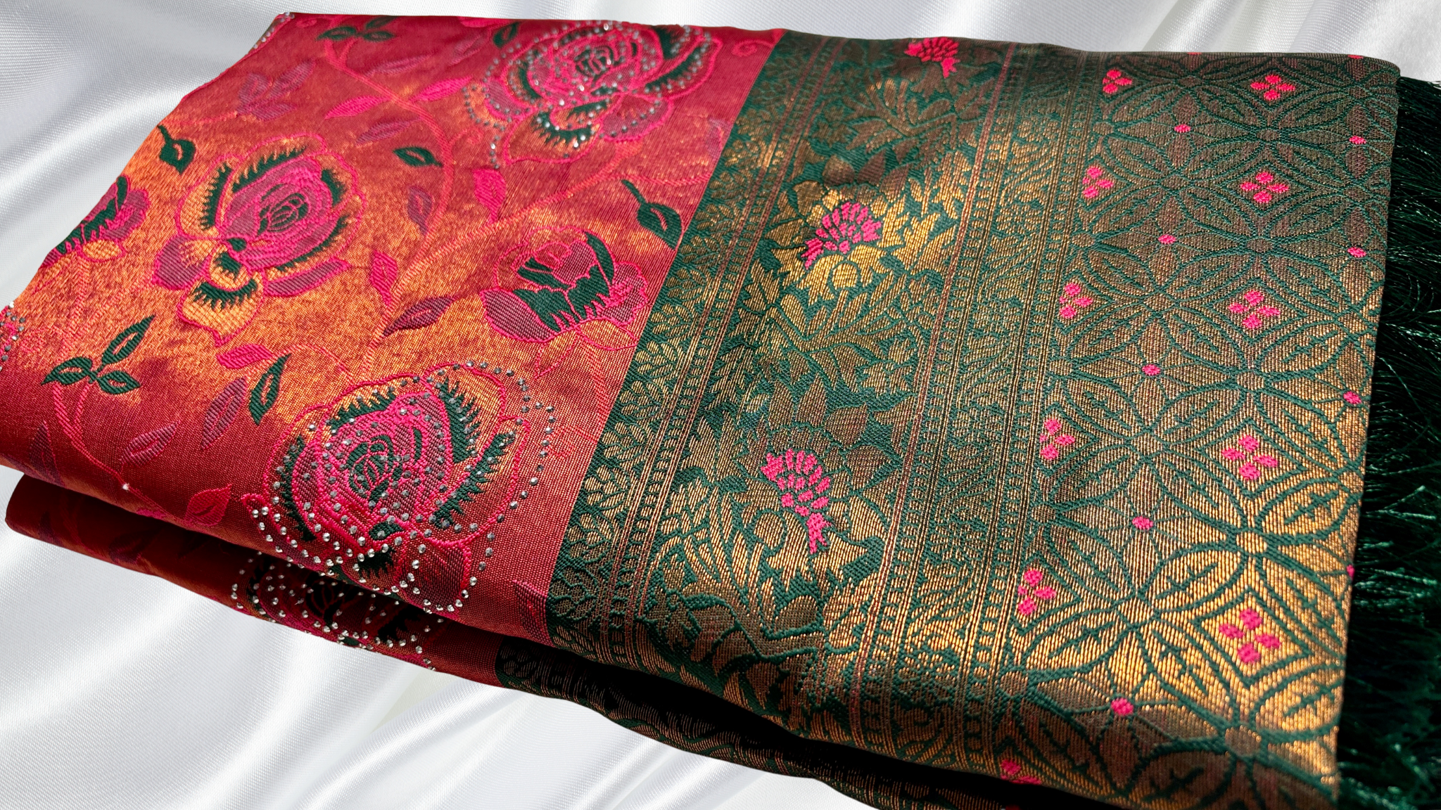 Rozy Stone Work Silk Saree - Red Rose & Dark Green