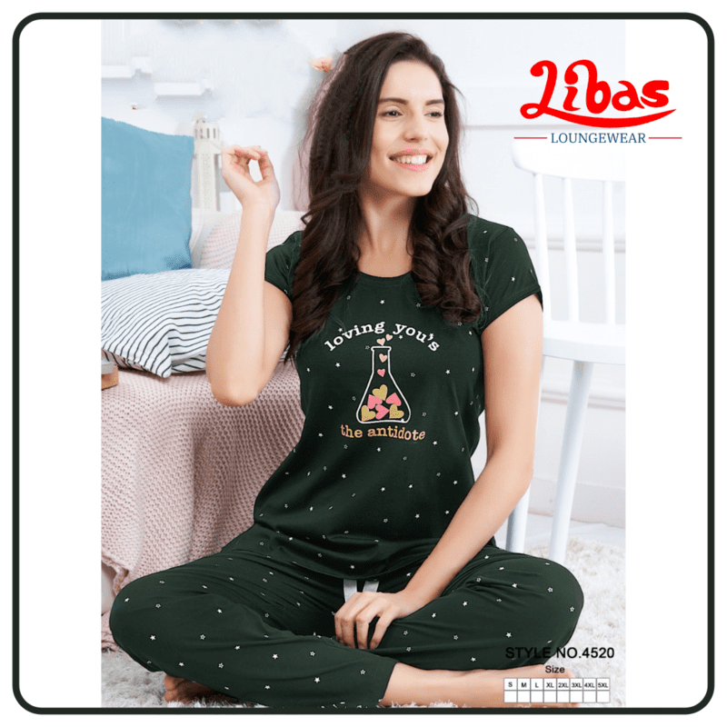 Holly Dark Green Printed Top & Bottom Hosiery Cotton Women Night Suit From Libas Loungewear - FPS099 Holly Dark Green Printed Top & Bottom Hosiery Cotton Women Night Suit From Libas Loungewear - FPS099
