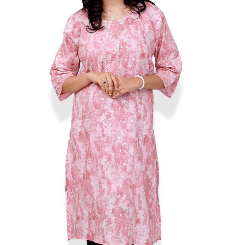 princess feeling foil printed side slit Light Pink Floral Top