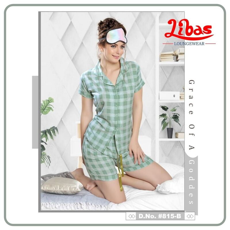 Summer Green Rayon Women Shorts Set With Checks Print & Button Closure By Libas Loungewear - SPS010 Summer Green Rayon Women Shorts Set With Checks Print & Button Closure By Libas Loungewear - SPS010