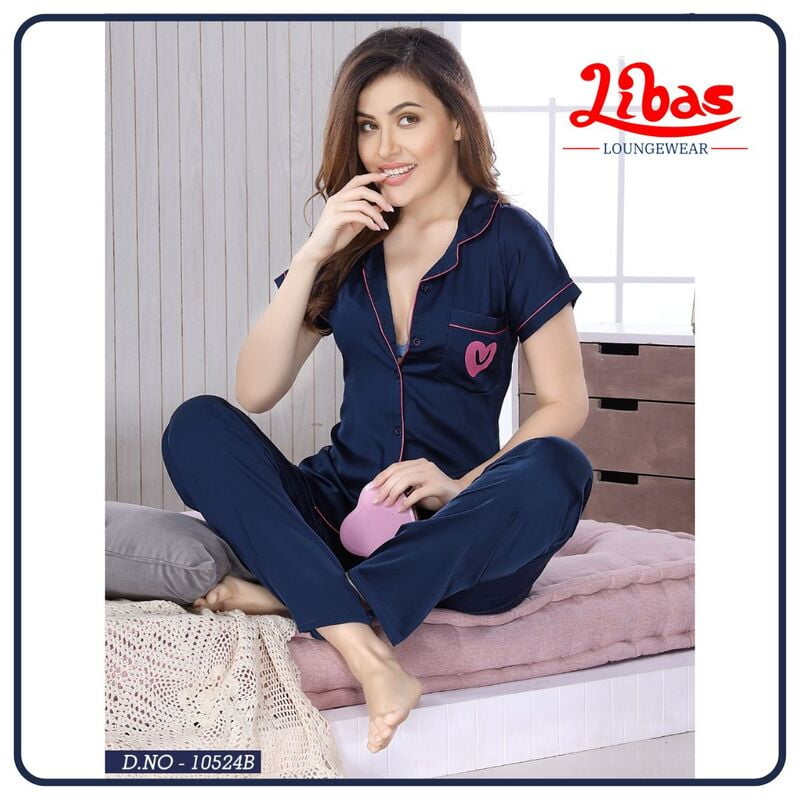 Plain Midnight Blue Armani Satin Women Night Suit With Collar Style From Libas Loungewear - FPS123 Plain Midnight Blue Armani Satin Women Night Suit With Collar Style From Libas Loungewear - FPS123