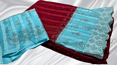Popcorn Dual Cut Color Stone Work Saree - Maroon & Turquoise